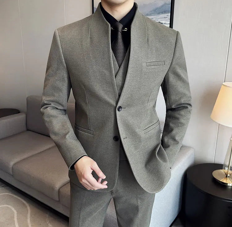 Men's Korean Style Wool Blazer Suit Set - Slim Fit Two-Piece