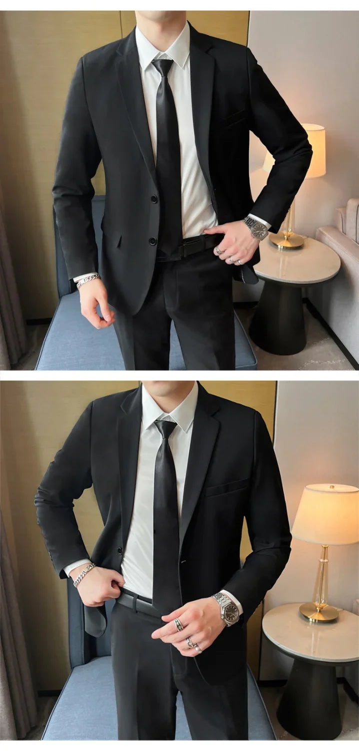 Men's Korean Style Slim Fit Suit Set - Business Blazer & Pants