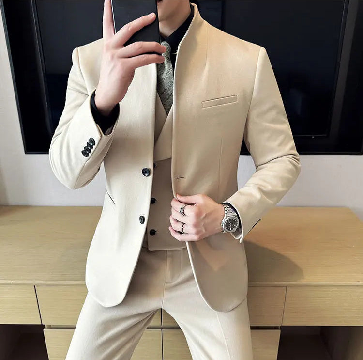 Men's Korean Style Wool Blazer Suit Set - Slim Fit Two-Piece