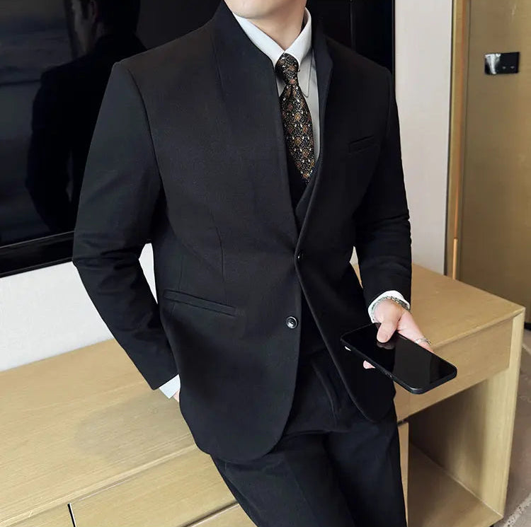 Men's Korean Style Wool Blazer Suit Set - Slim Fit Two-Piece