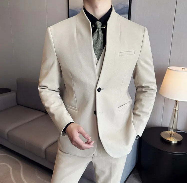 Men's Korean Style Wool Blazer Suit Set - Slim Fit Two-Piece