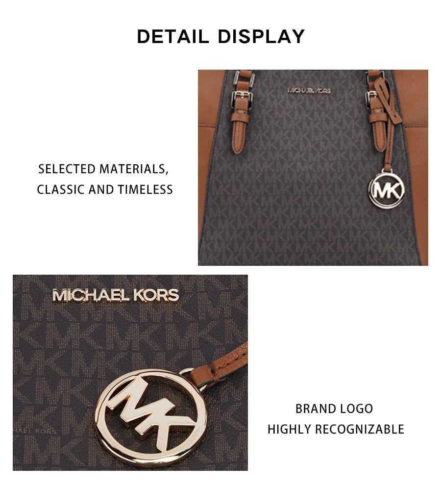 Michael Kors Two‑Tone Leather Satchel – Signature MK Monogram, Gold Hardware, Structured Designer Handbag
