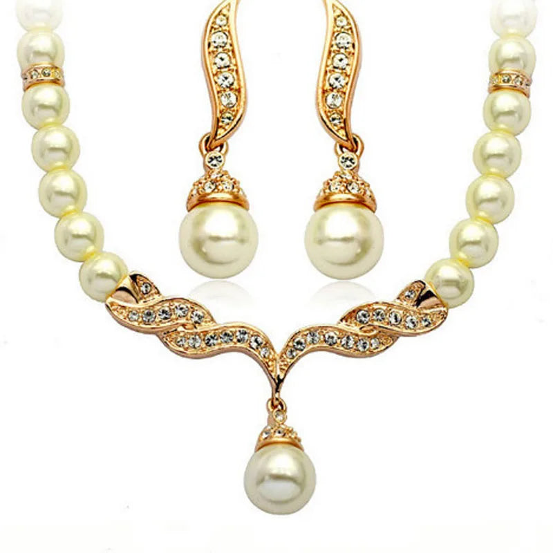 Pearl Jewelry Set - Gold Necklace & Earrings for Women