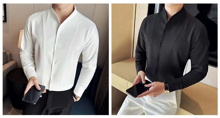 Men's V-Neck Designer Shirt - Stand-Up Collar Long Sleeve