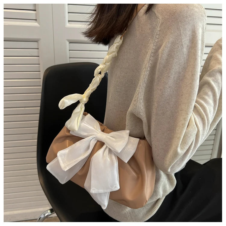 Women's Bow Pleated Shoulder Bag - Cute Underarm Tote Handbag