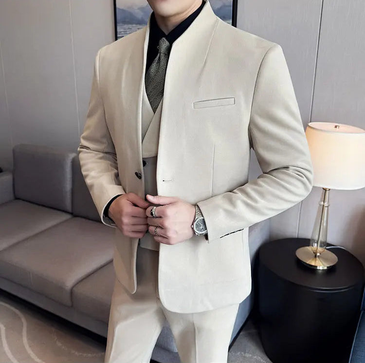 Men's Korean Style Wool Blazer Suit Set - Slim Fit Two-Piece
