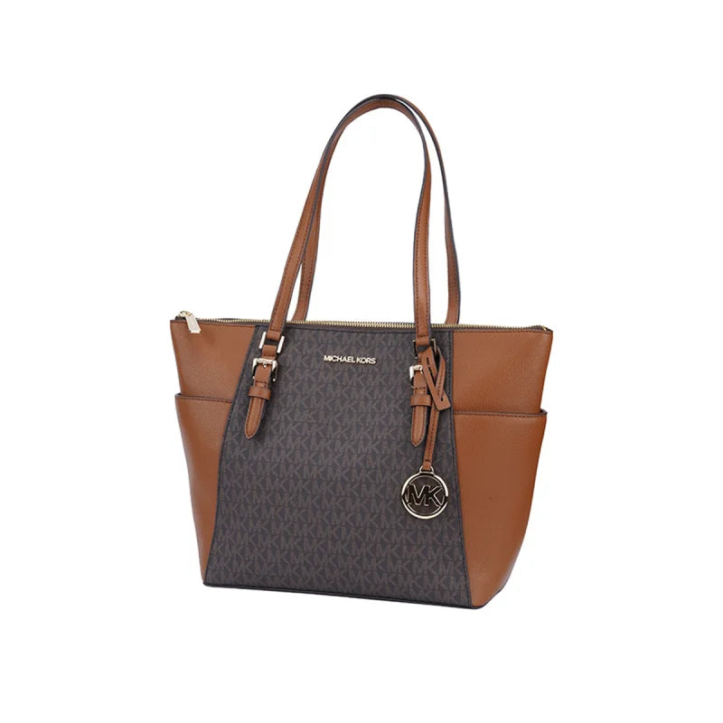 Michael Kors Two‑Tone Leather Satchel – Signature MK Monogram, Gold Hardware, Structured Designer Handbag