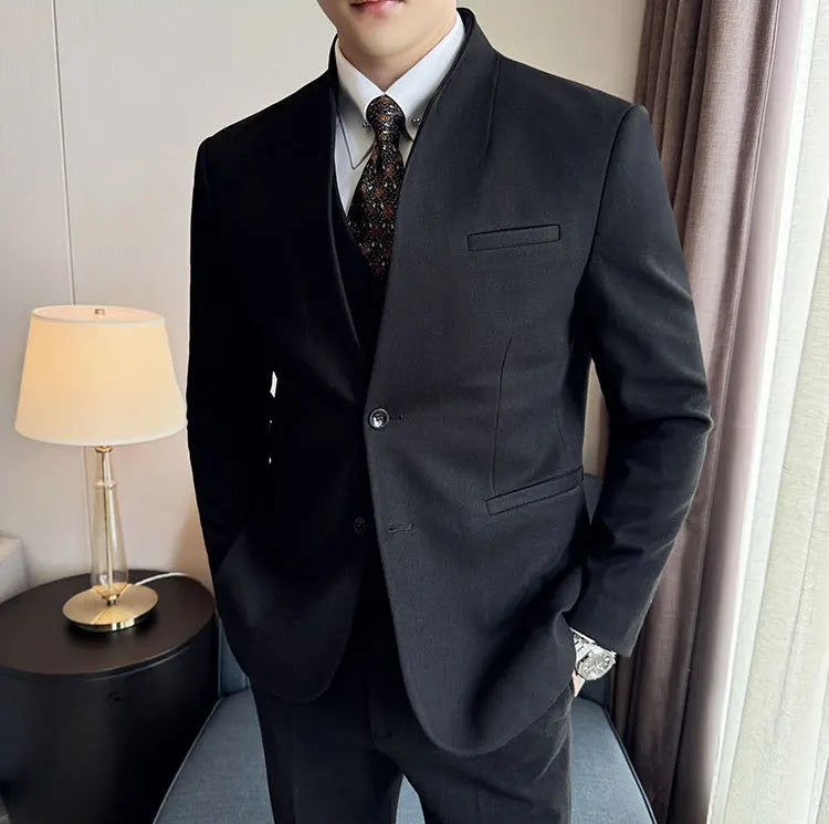 Men's Korean Style Wool Blazer Suit Set - Slim Fit Two-Piece