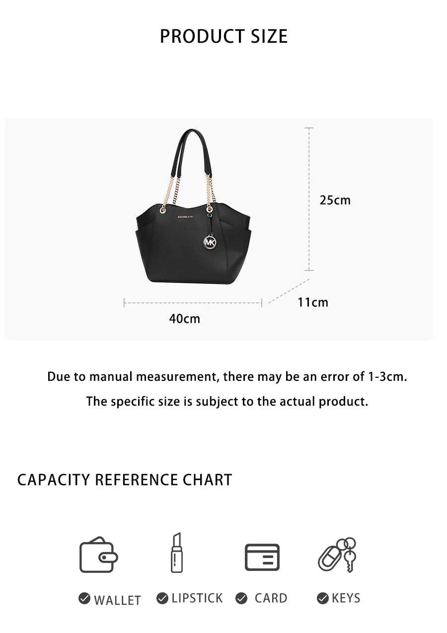 Michael Kors Black Leather Tote Bag – Gold Chain Handles, Structured Designer Handbag