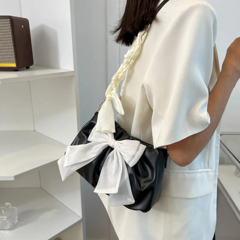 Women's Bow Pleated Shoulder Bag - Cute Underarm Tote Handbag