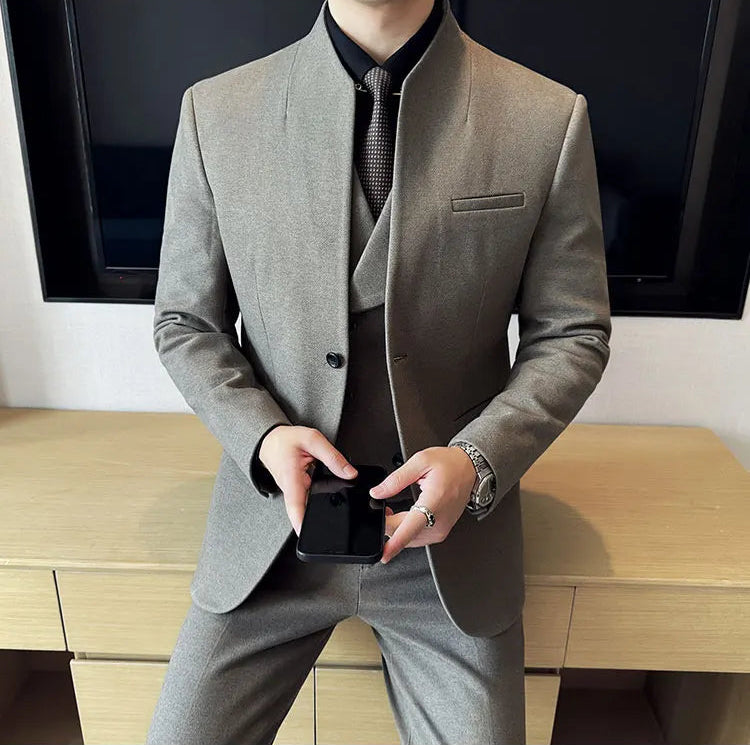 Men's Korean Style Wool Blazer Suit Set - Slim Fit Two-Piece