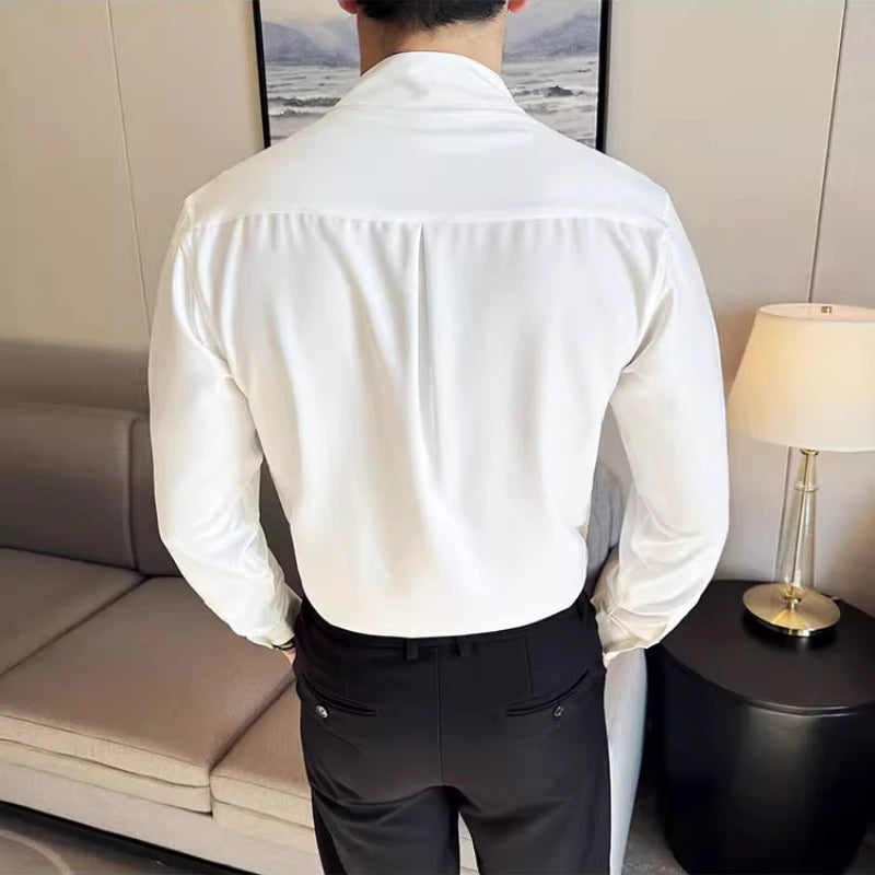 Men's V-Neck Designer Shirt - Stand-Up Collar Long Sleeve