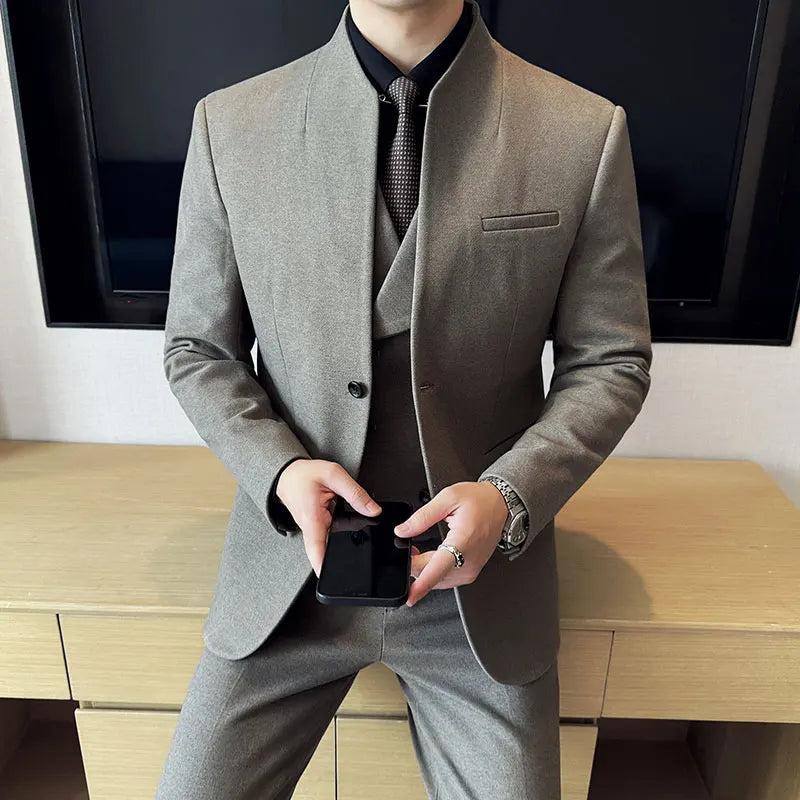 Men's Korean Style Wool Blazer Suit Set - Slim Fit Two-Piece