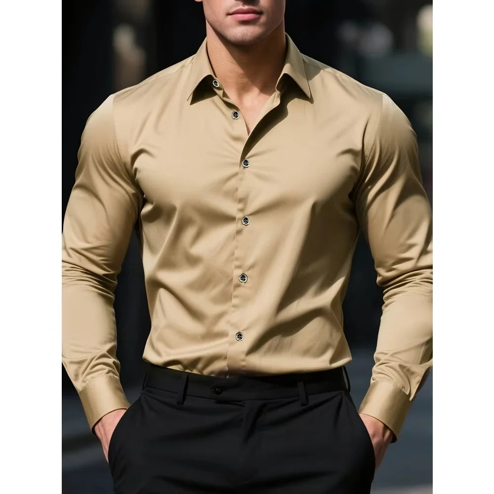 MEN'S SOLID COLOR BUSINESS SHIRT – LONG SLEEVE ELASTIC FIT