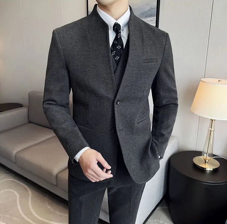 Men's Korean Style Wool Blazer Suit Set - Slim Fit Two-Piece