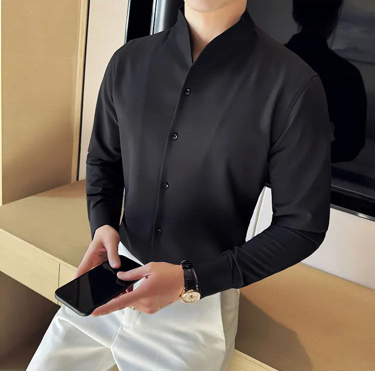 Men's V-Neck Designer Shirt - Stand-Up Collar Long Sleeve