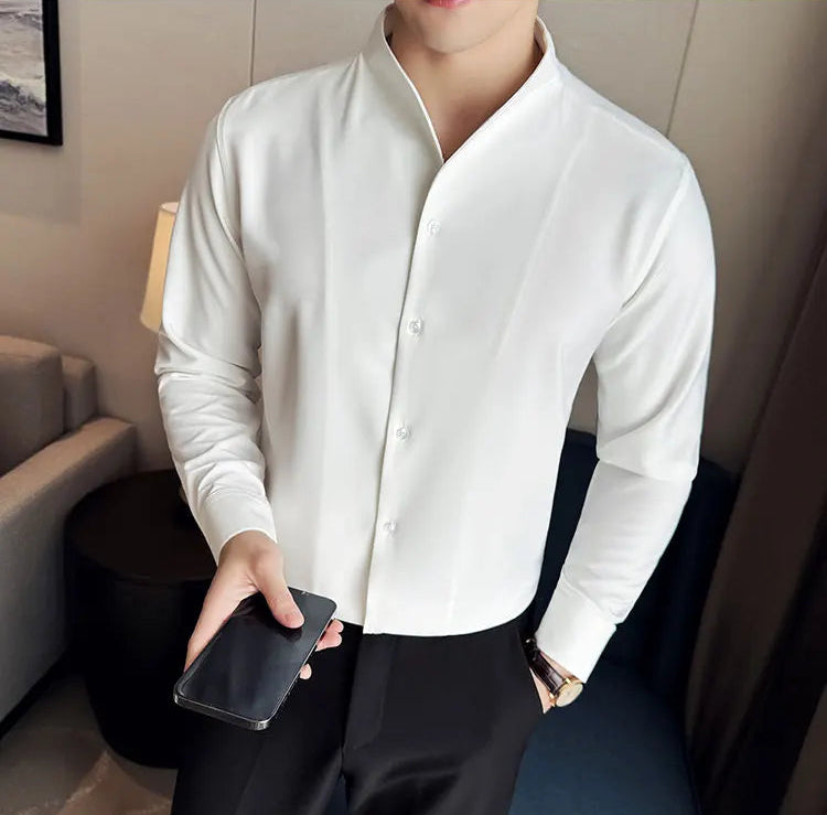 Men's V-Neck Designer Shirt - Stand-Up Collar Long Sleeve