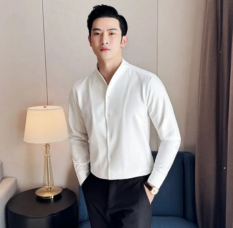 Men's V-Neck Designer Shirt - Stand-Up Collar Long Sleeve