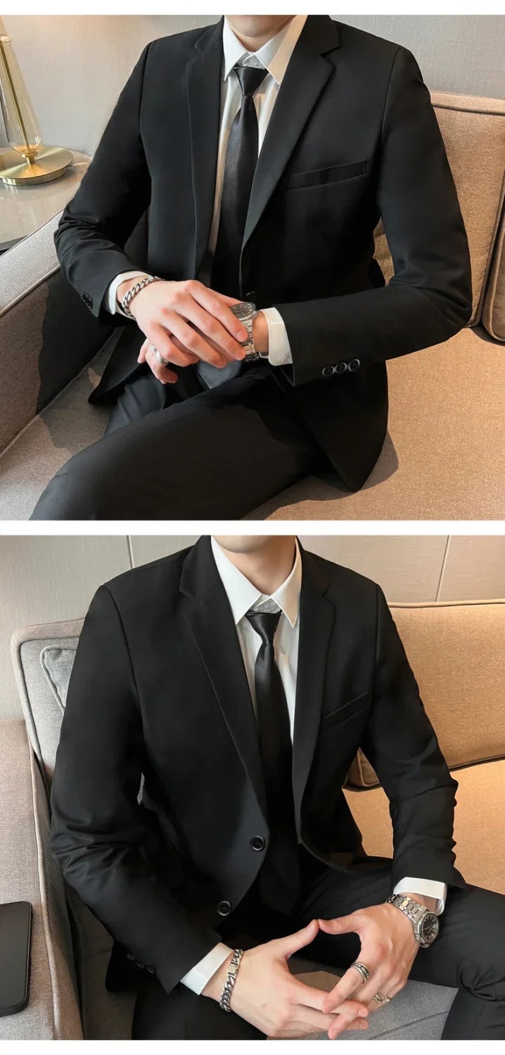 Men's Korean Style Slim Fit Suit Set - Business Blazer & Pants