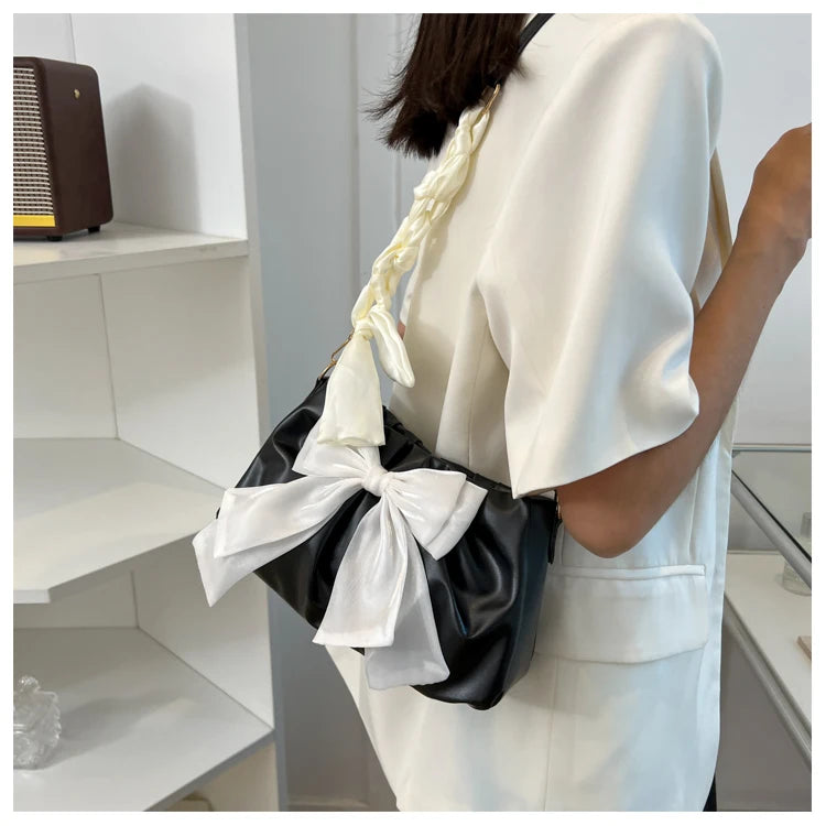 Women's Bow Pleated Shoulder Bag - Cute Underarm Tote Handbag