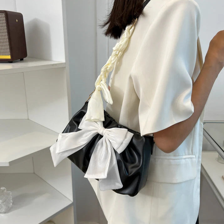 Women's Bow Pleated Shoulder Bag - Cute Underarm Tote Handbag