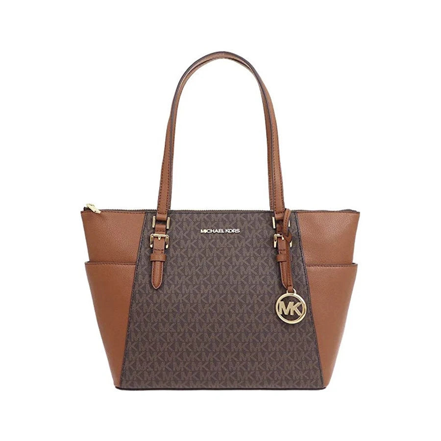 Michael Kors Two‑Tone Leather Satchel – Signature MK Monogram, Gold Hardware, Structured Designer Handbag