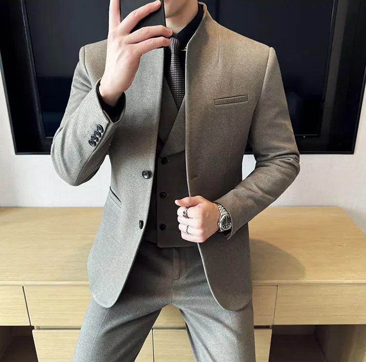 Men's Korean Style Wool Blazer Suit Set - Slim Fit Two-Piece