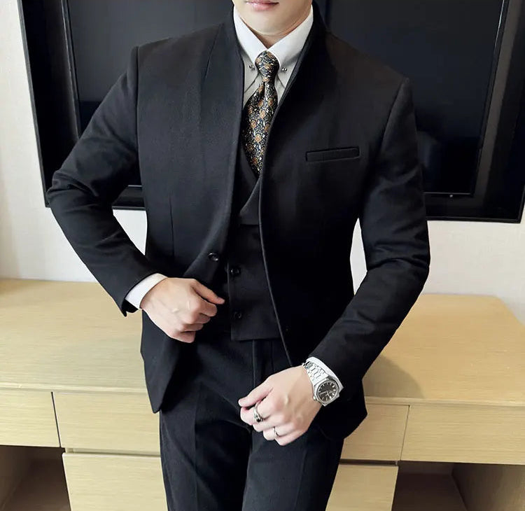 Men's Korean Style Wool Blazer Suit Set - Slim Fit Two-Piece