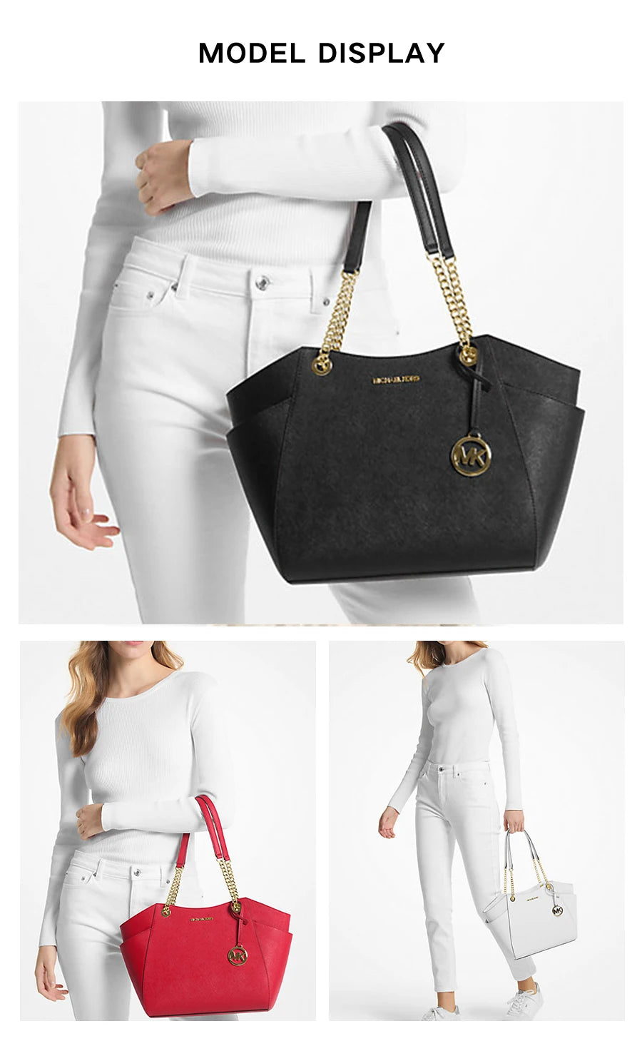 Michael Kors Black Leather Tote Bag – Gold Chain Handles, Structured Designer Handbag