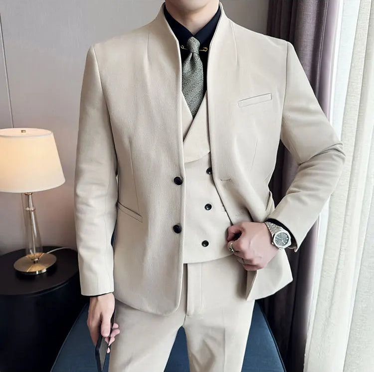Men's Korean Style Wool Blazer Suit Set - Slim Fit Two-Piece
