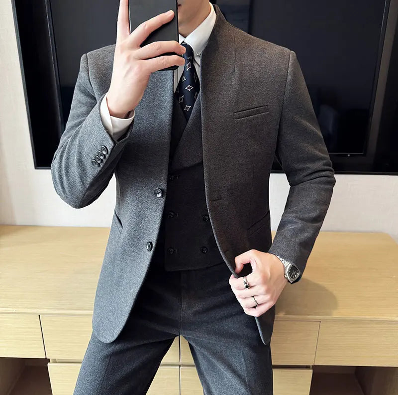 Men's Korean Style Wool Blazer Suit Set - Slim Fit Two-Piece