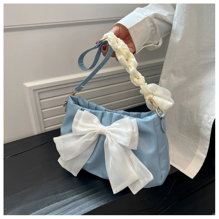 Women's Bow Pleated Shoulder Bag - Cute Underarm Tote Handbag