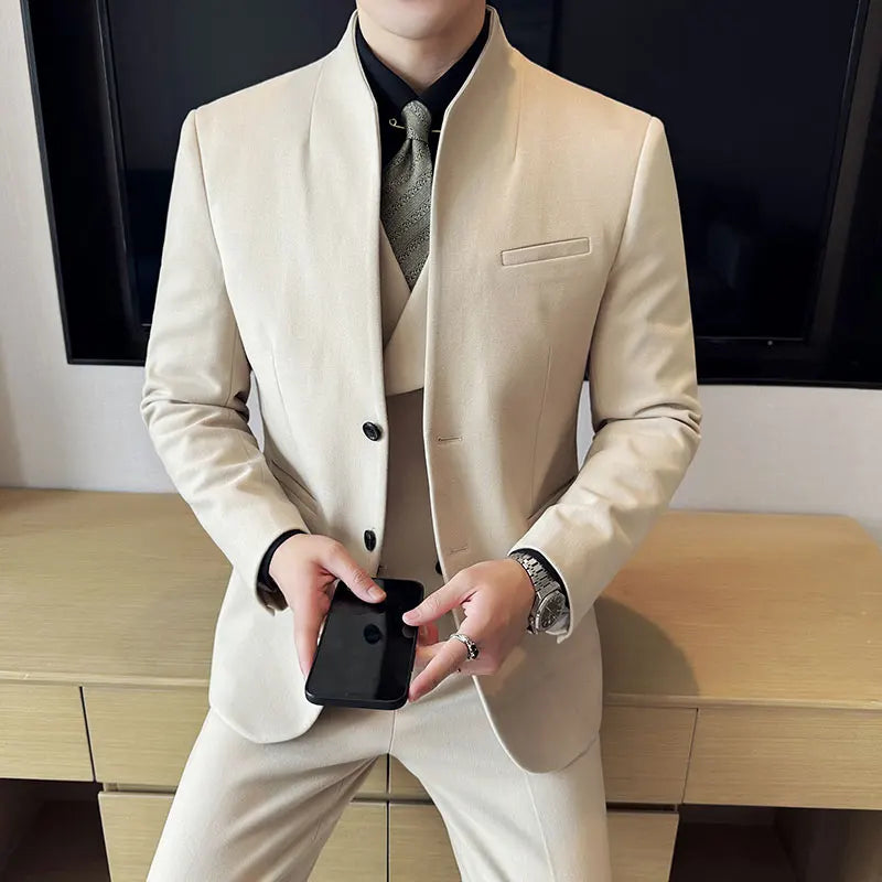 Men's Korean Style Wool Blazer Suit Set - Slim Fit Two-Piece