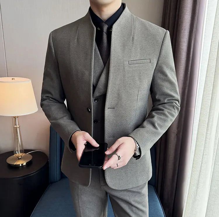 Men's Korean Style Wool Blazer Suit Set - Slim Fit Two-Piece
