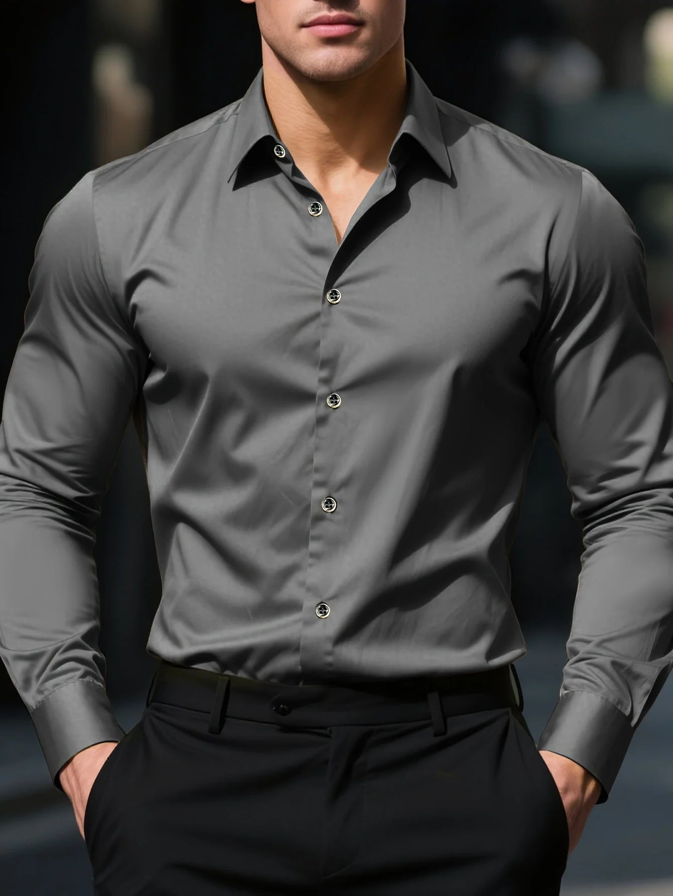 MEN'S SOLID COLOR BUSINESS SHIRT – LONG SLEEVE ELASTIC FIT