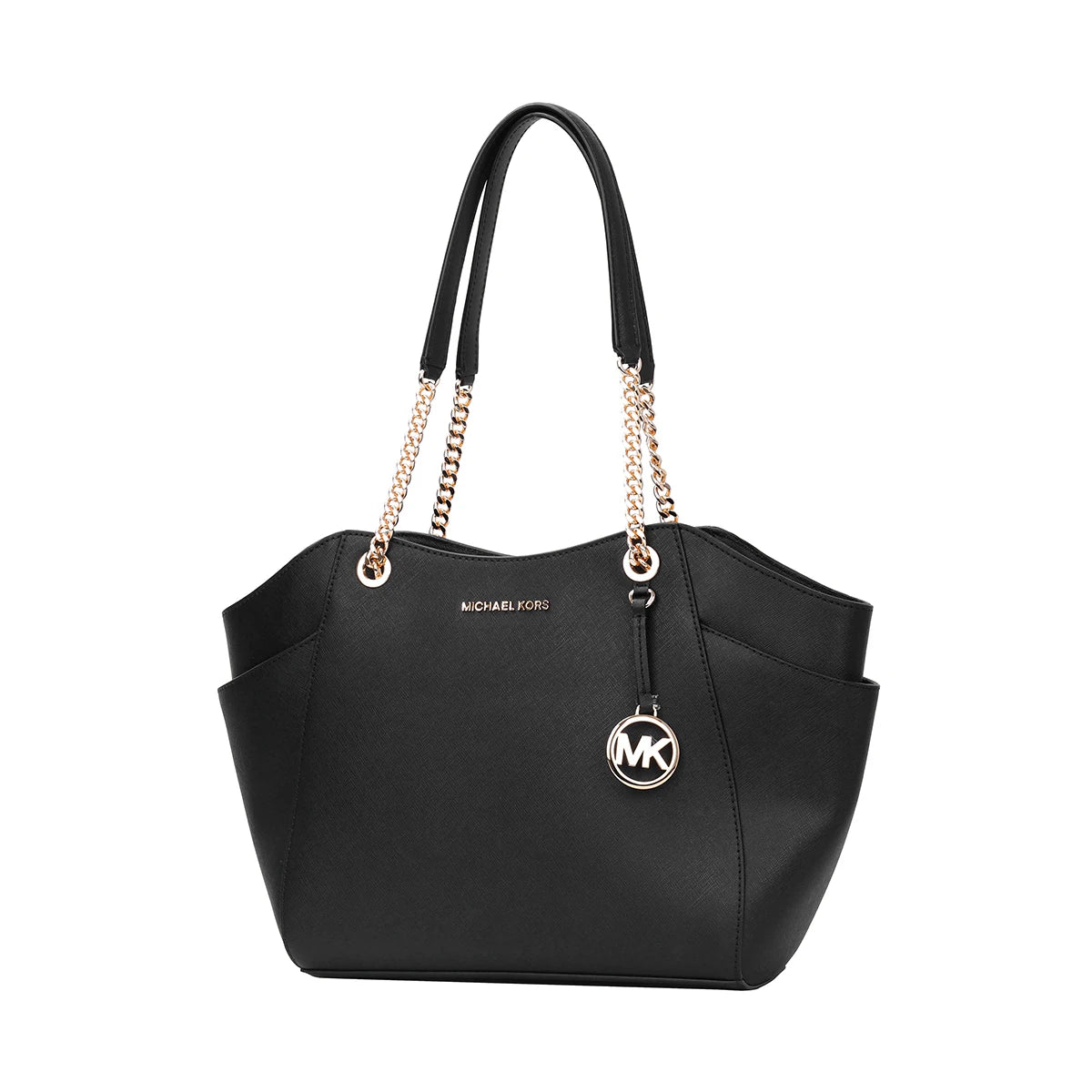 Michael Kors Black Leather Tote Bag – Gold Chain Handles, Structured Designer Handbag