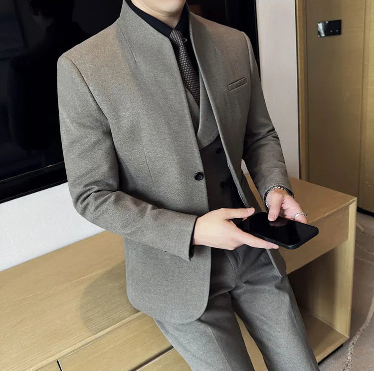 Men's Korean Style Wool Blazer Suit Set - Slim Fit Two-Piece