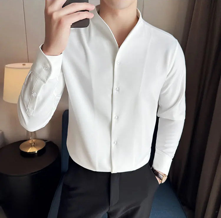 Men's V-Neck Designer Shirt - Stand-Up Collar Long Sleeve