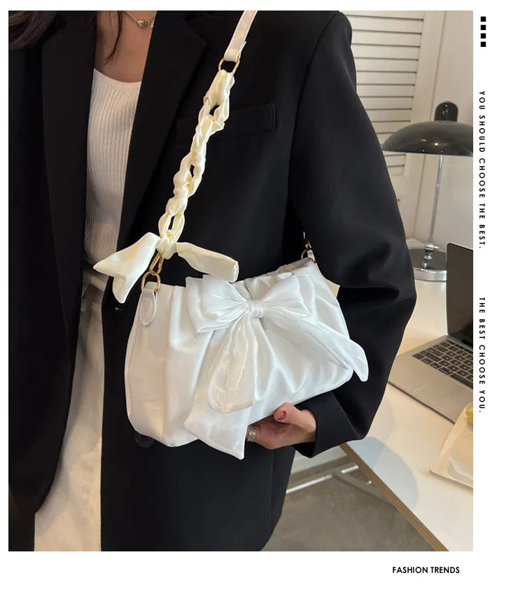 Women's Bow Pleated Shoulder Bag - Cute Underarm Tote Handbag