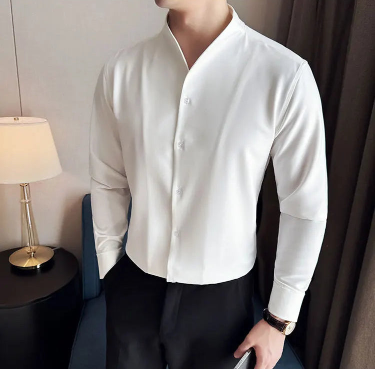 Men's V-Neck Designer Shirt - Stand-Up Collar Long Sleeve