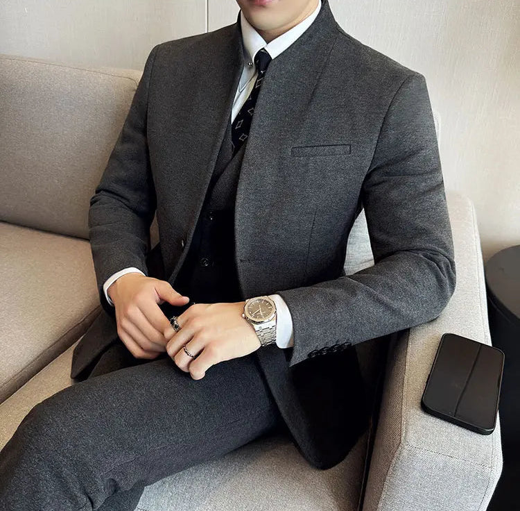 Men's Korean Style Wool Blazer Suit Set - Slim Fit Two-Piece