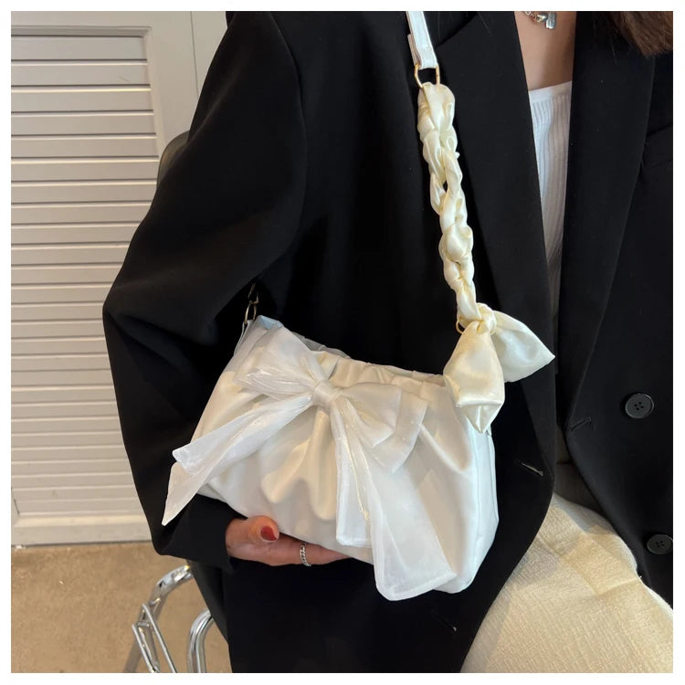Women's Bow Pleated Shoulder Bag - Cute Underarm Tote Handbag