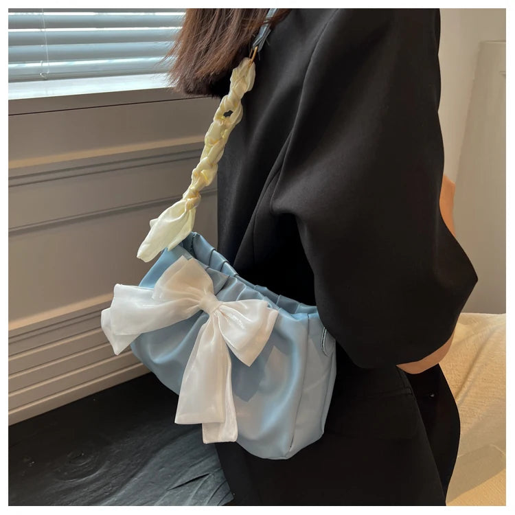 Women's Bow Pleated Shoulder Bag - Cute Underarm Tote Handbag