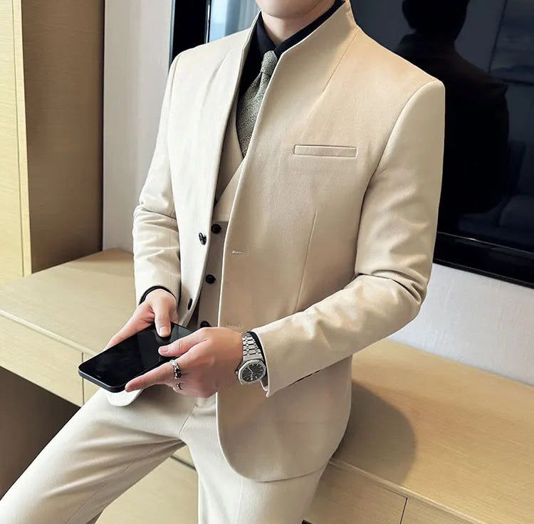 Men's Korean Style Wool Blazer Suit Set - Slim Fit Two-Piece
