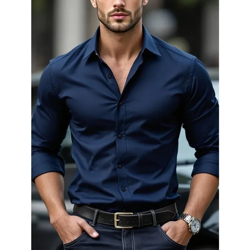 MEN'S SOLID COLOR BUSINESS SHIRT – LONG SLEEVE ELASTIC FIT