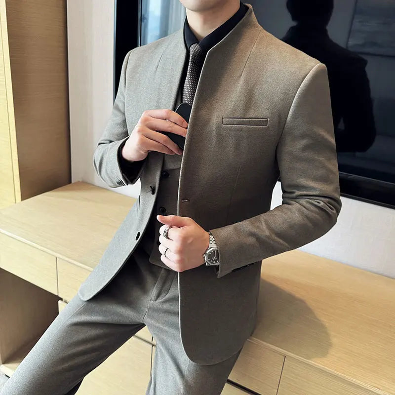 Men's Korean Style Wool Blazer Suit Set - Slim Fit Two-Piece