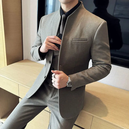 Men's Korean Style Wool Blazer Suit Set - Slim Fit Two-Piece