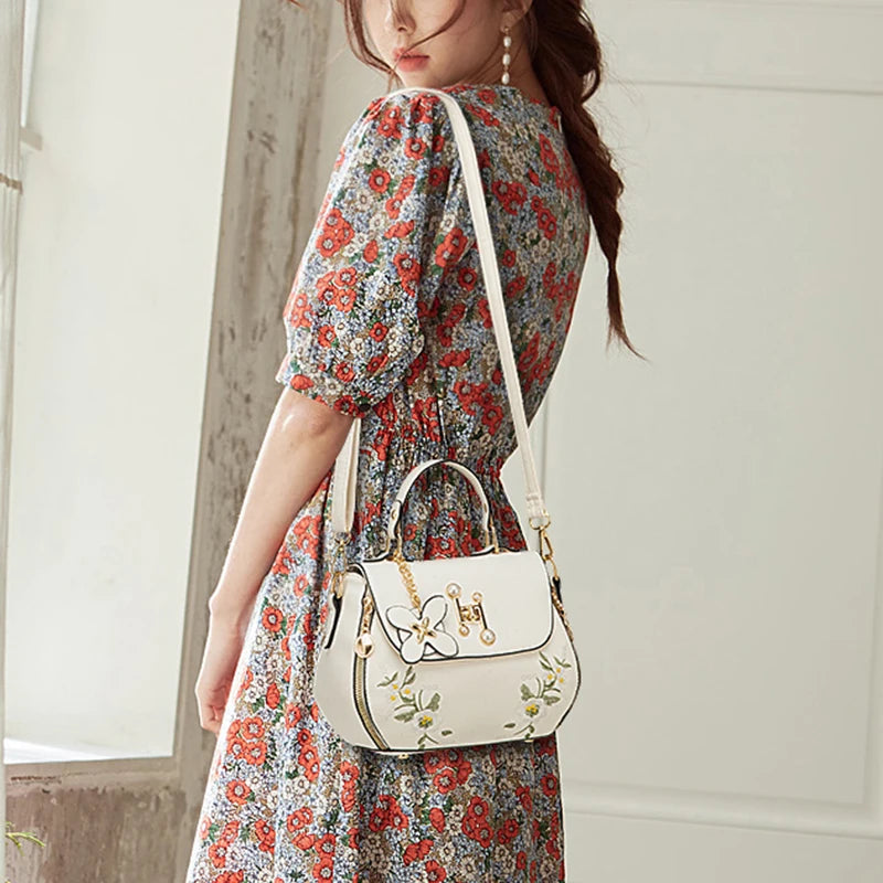 EMBROIDERED STRUCTURED TOP‑HANDLE CROSSBODY