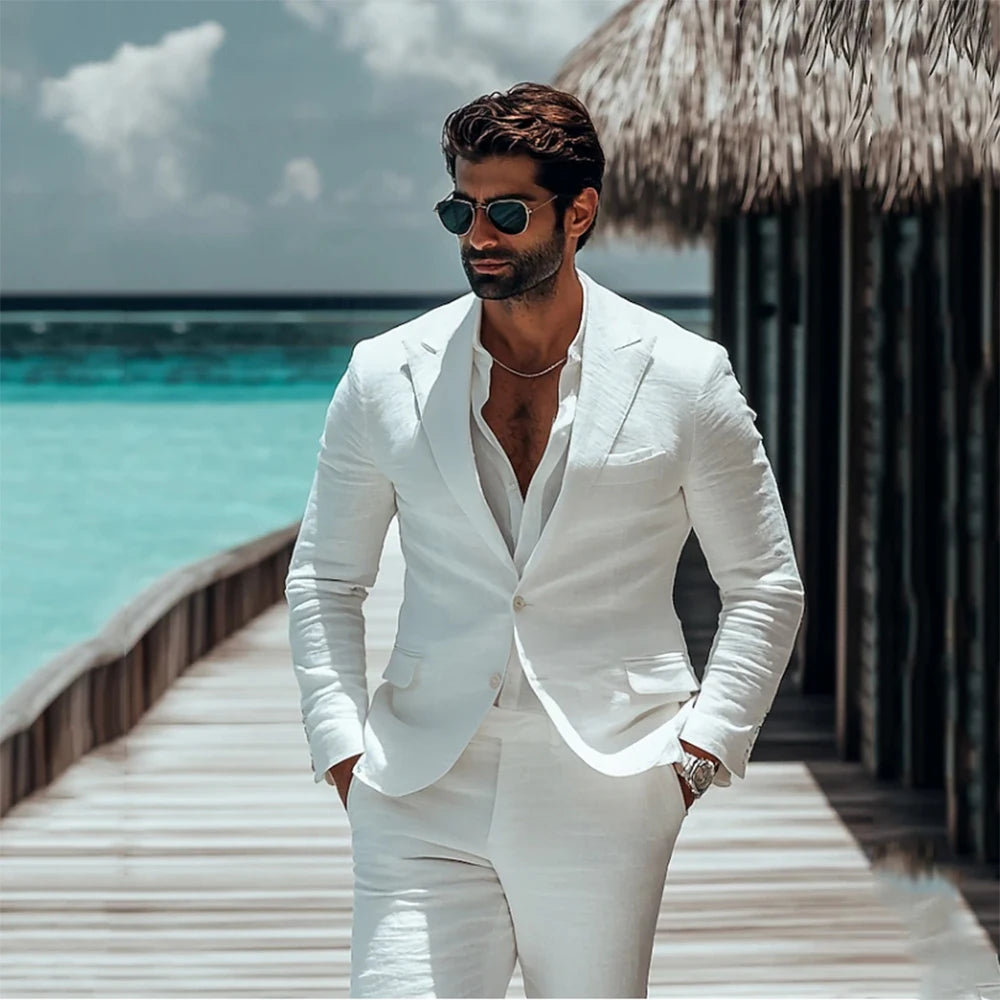 Men's Premium White Linen Suit Set - 2-Piece Blazer & Pants