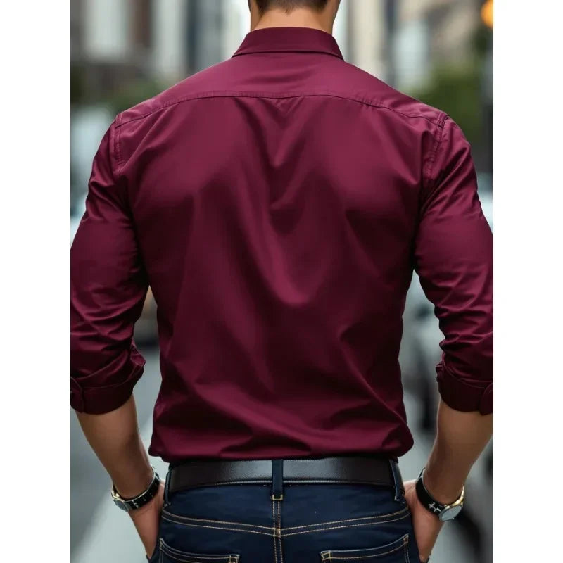 MEN'S SOLID COLOR BUSINESS SHIRT – LONG SLEEVE ELASTIC FIT